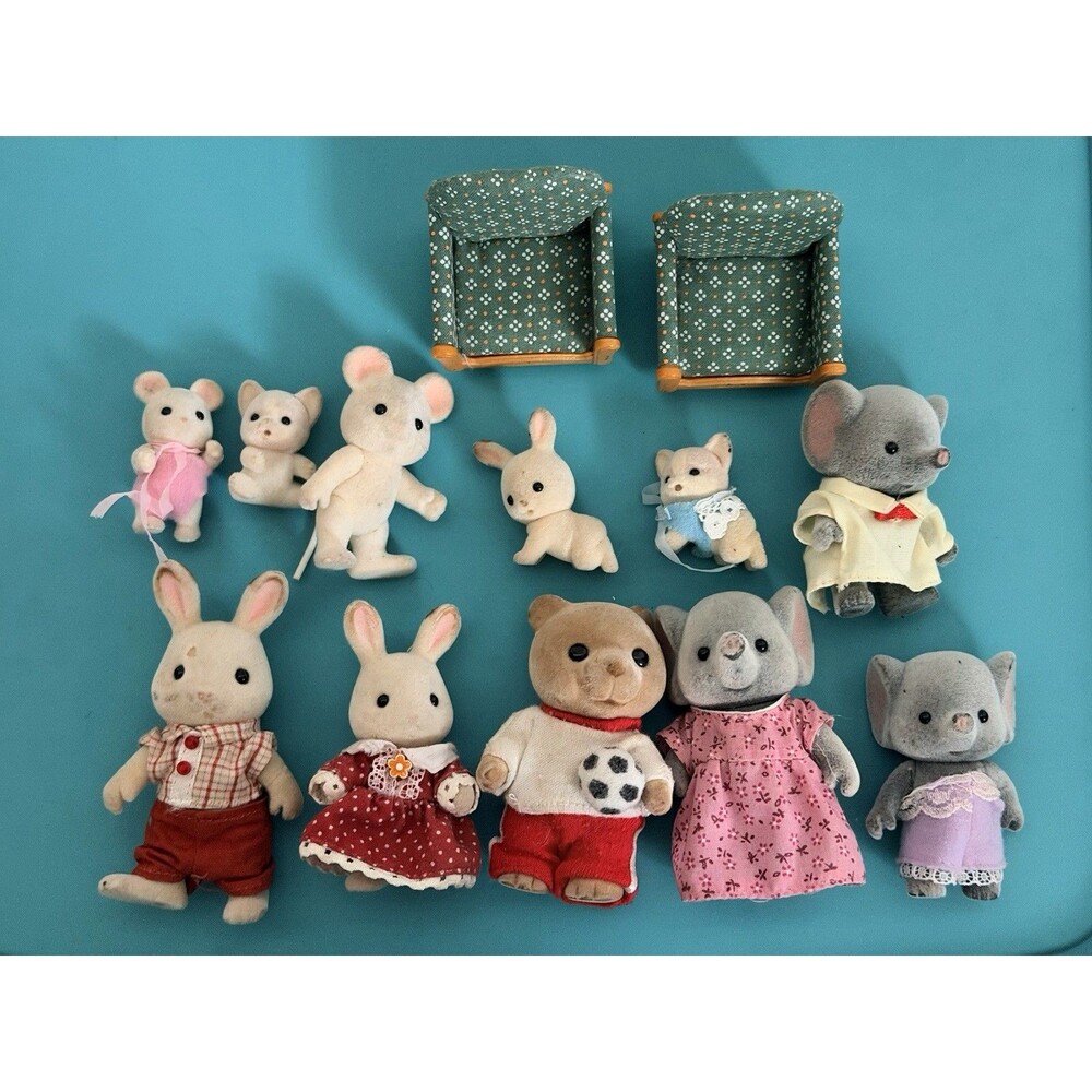 Vintage Flocked Animal Figures Lot 11 Articulated Critters Dollhouse Chairs
